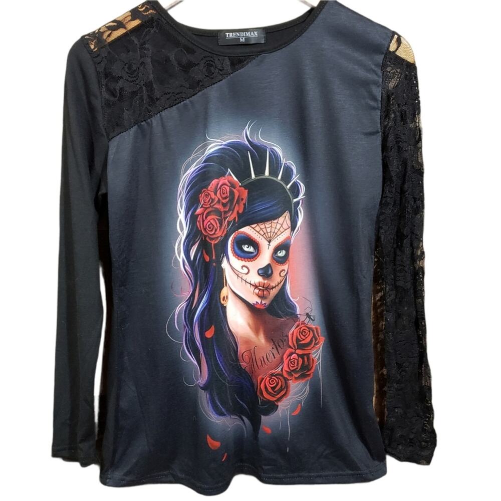 Trendimax day of the dead girl graphic one lace long sleeve shirt woman's size M